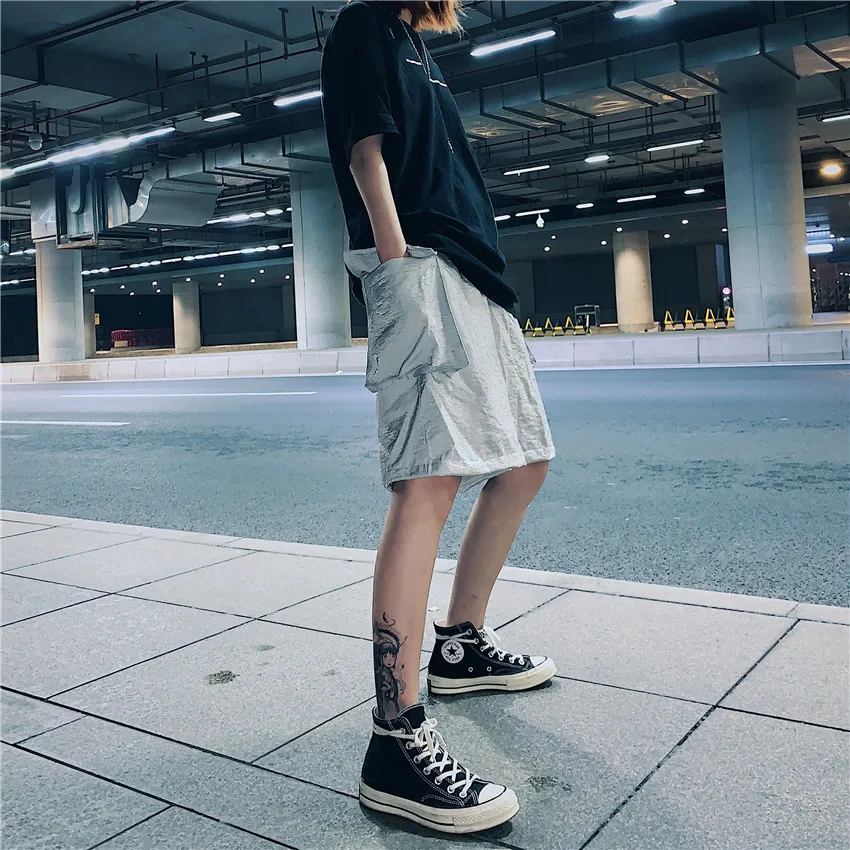 

Solid Camo Green Silver Cargo Pocket Loose Straight Jogger Short Pant Streetwear Woman Man Hip Hop Summer Trouser Korean Japan