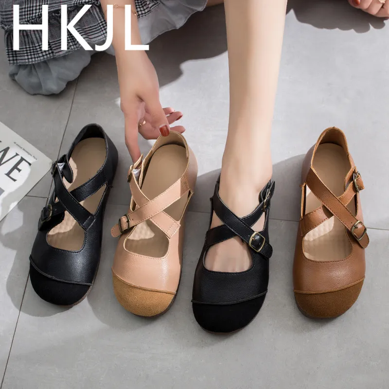 

HKJL 2019 new sandals retro style temperament round head cross word buckle women's shallow mouth wild single shoes A774