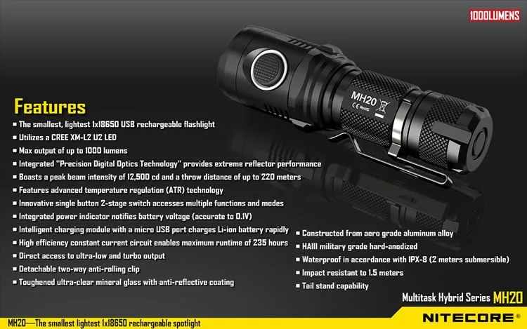 Nitecore mh20 Портативный фонарик 2600 мАч Батарея 1000 люменов Перезаряжаемые Мини Кемпинг бордовый Водонепроницаемый факел nl189 18650usb