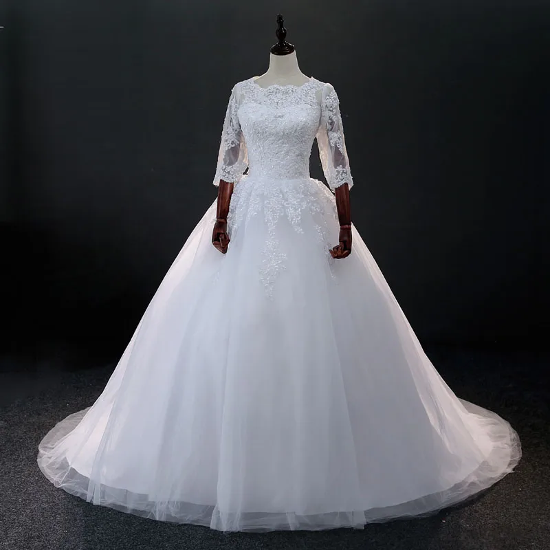Three Quarter Sleeve Lace Beading Wedding Gown | Uniqistic.com