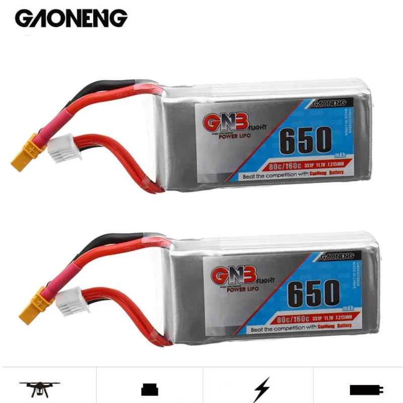 2 шт. Gaoneng GNB 11,1 V 650mAh 80C/160C 3S Lipo батарея XT30 разъем для микро бесщеточный FPV гоночный Дрон Квадрокоптер