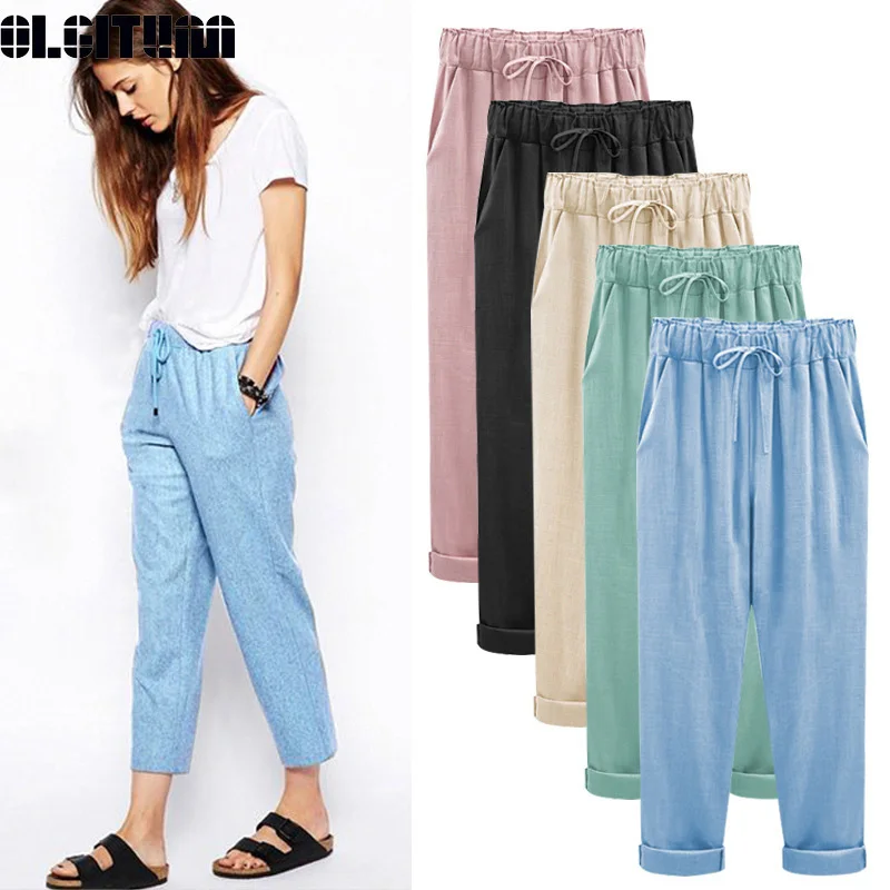 

2019 New Summer Women Pants Cotton And Linen Nine Points Plus Fat Large Size M-6XL Loose Thin Section Pants PT216