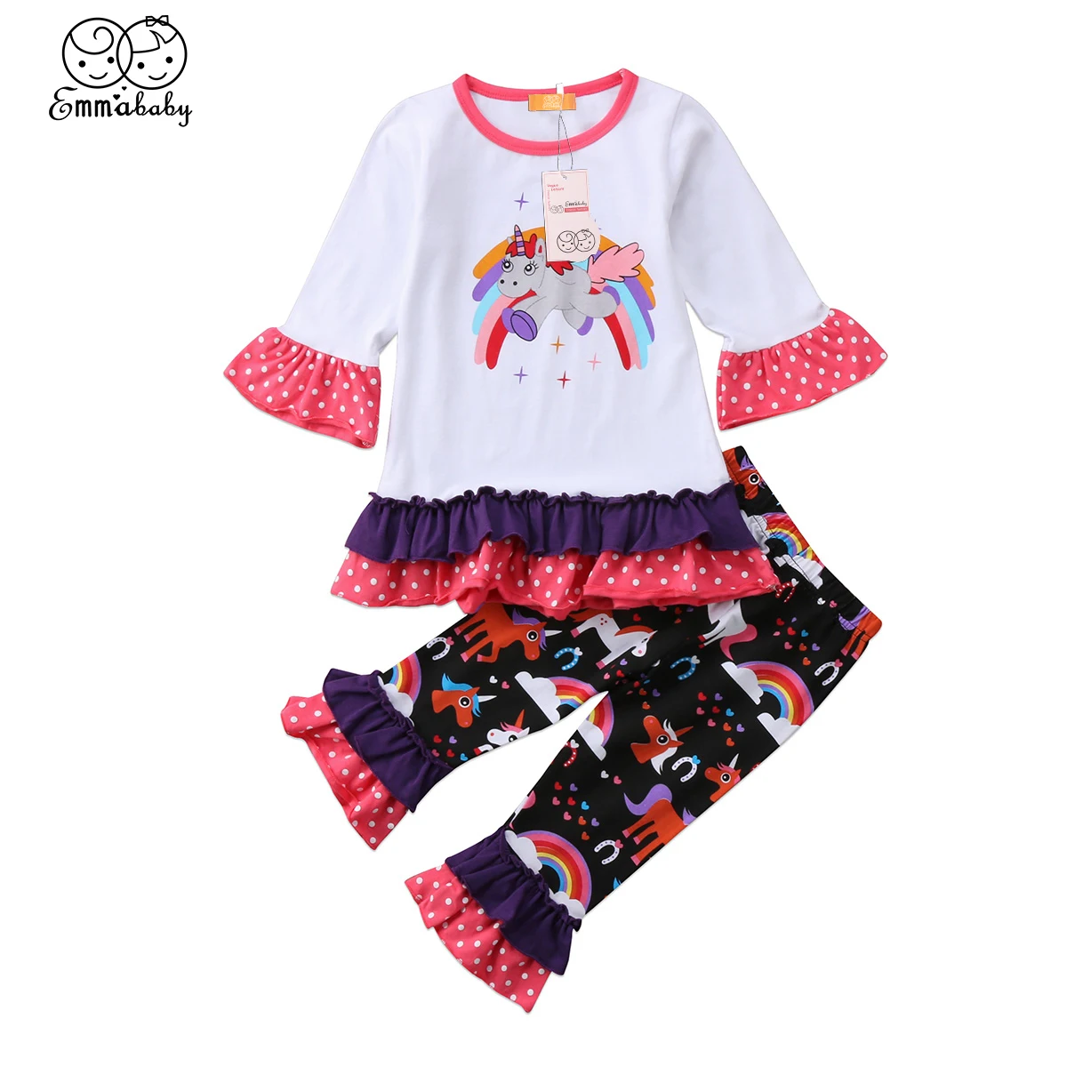 

Lovely Rainbow Unicorn Print Clothes Set Toddler Kids Girls Long Sleeve Ruffled Tops Pants Cute 2Pcs Girls Outfits Clothes Set