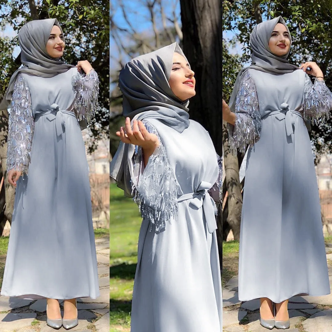 

2019 New Arrival sequin tassel sleeve maxi Muslim dress soft crepe abaya with belt Islam dress clothing