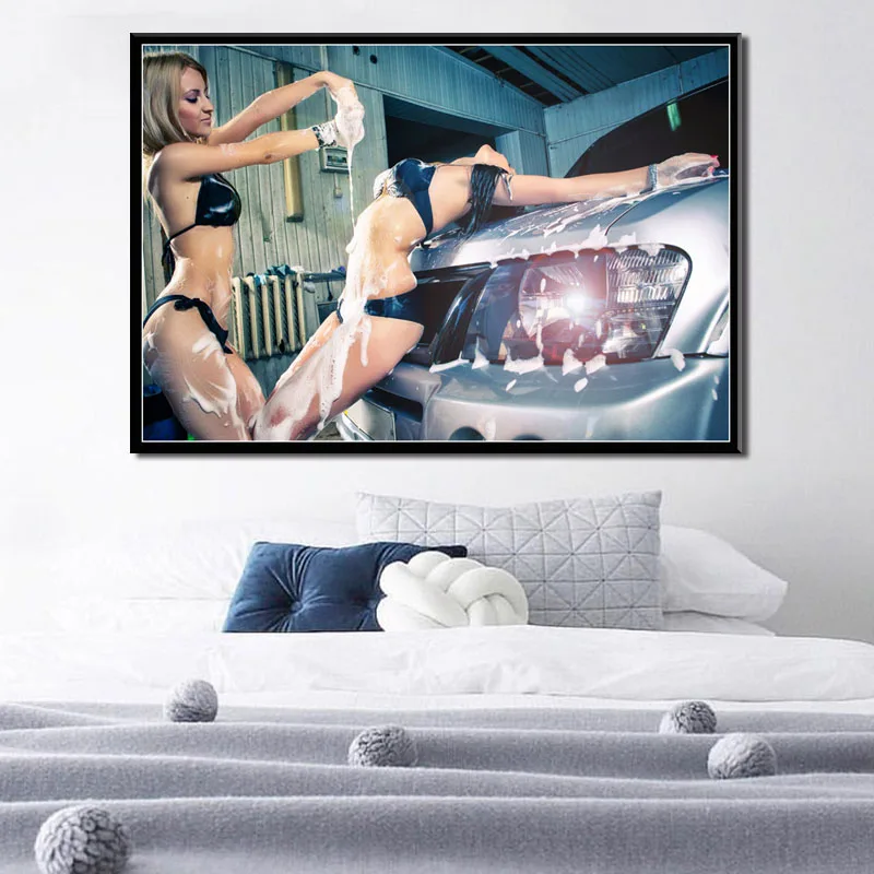 

P797 Sexy Girls Bikini Washing Car Hot Art Painting Silk Canvas Poster Wall Home Decor
