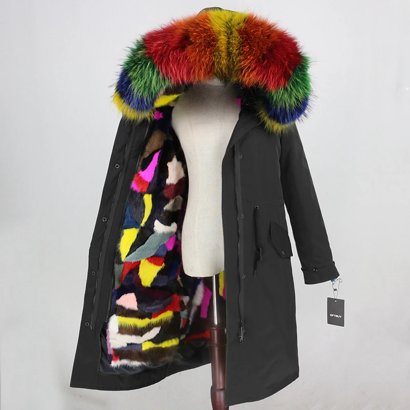 black multi OFTBUY X-длинное пальто с натуральным мехом, зимняя куртка, Женская парка с натуральным мехом, подкладка из меха норки, воротник из меха енота и лисы, капюшон, теплая уличная одежда - Цвет: black multi