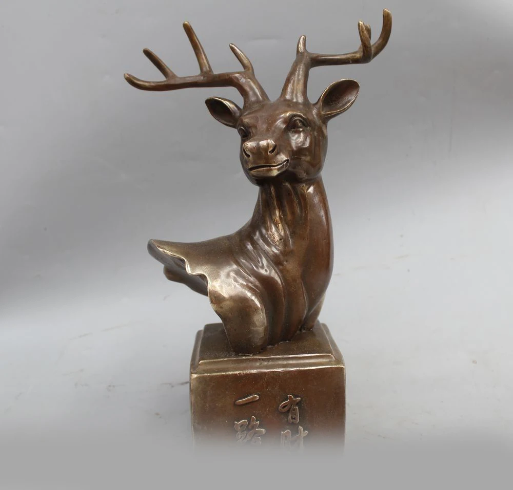 

12" Old Chinese Bronze Copper Folk Lucky Animal Sika deer Head Statue Sculpture