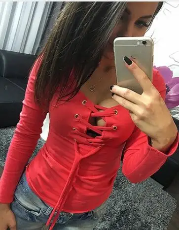 

Spring Women T-shirts 2018 Solid Lace Up Sexy Top V-neck Long Sleeve Tshirt Women Low Cut Clothes