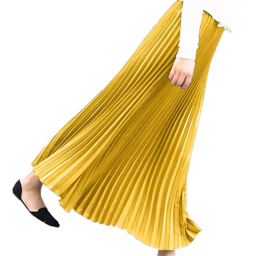 Yellow Весенние женские длинные юбки модные Женские однотонные плиссированные элегантные миди эластичный пояс Макси юбка Faldas Mujer юбка с подолом L0702 - Цвет: Yellow