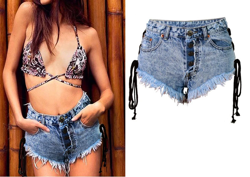 2017 Europe and the United States women's high waist open-style quilts Slim wear fringed snowflakes double banded ladies denim shorts (2)