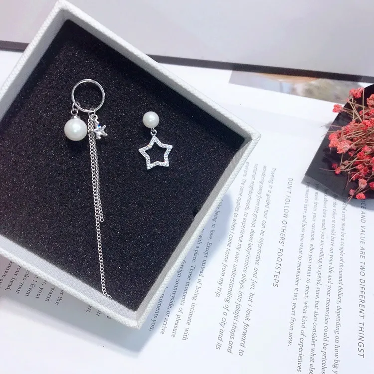 star pearl tassel asymmetric cz earring  925 silver post Hypoallergenic fadeless fashion jewelry stud earrings women girl gift