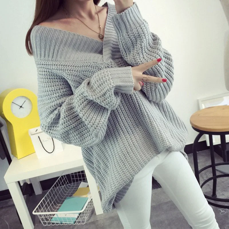 Женский Повседневный свободный осенне-зимний свитер с глубоким v-образным вырезом, вязаный пуловер с длинным рукавом, свитер, корейский Толстый черный пуловер, свитер - Цвет: Gray