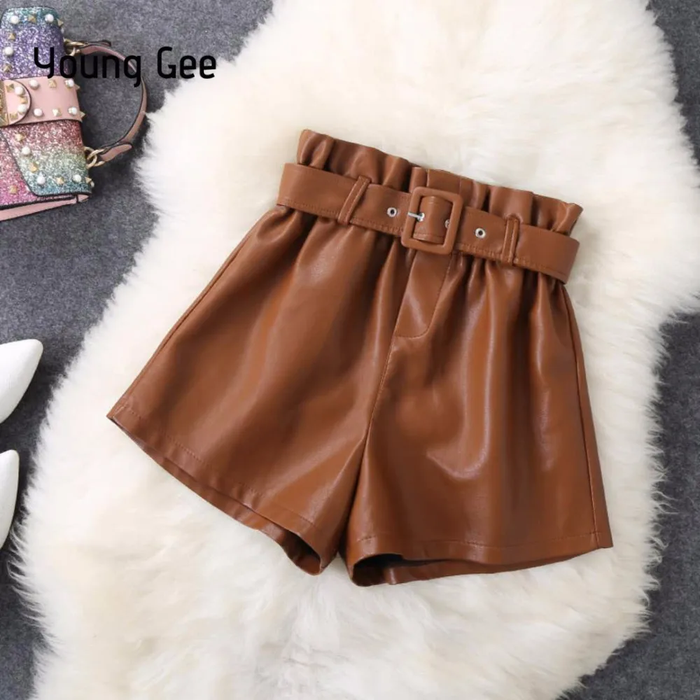 High Waist PU Leather Shorts Women Cool Punk Sashes Wide
