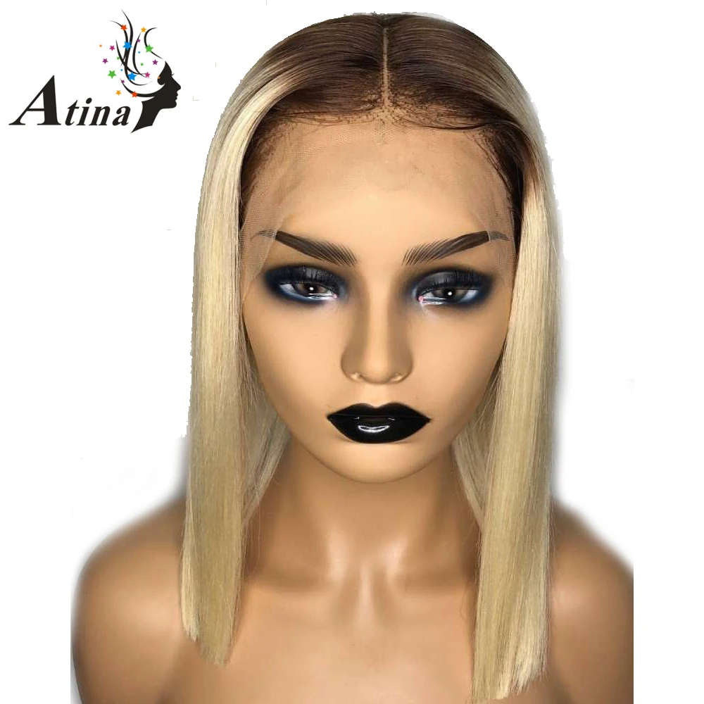 4 613 Dark Roots Honey Blonde Short Bob Lace Front Human Hair Wigs