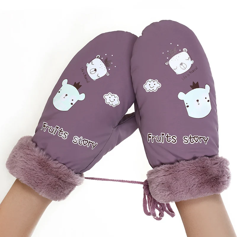 A Bean color Зимние женские плюс плюшевые толстые теплые спортивные Лыжные рукавицы женские рисунок с милым медведем имитация кожи поверхность ветрозащитные перчатки 84AB - Цвет: A Bean color