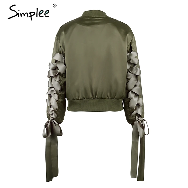 Simplee Basic army green bomber jacket coat women Satin lace up pocket biker jacket outerwear Autumn winter casual streetwear