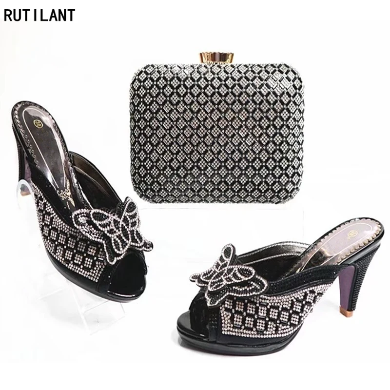 

African Sapato Feminino Shoes and Bags Set Italian In Women Rhinestone Wedding Shoes Nigerian Women Wedding Shoes and Bag Sets