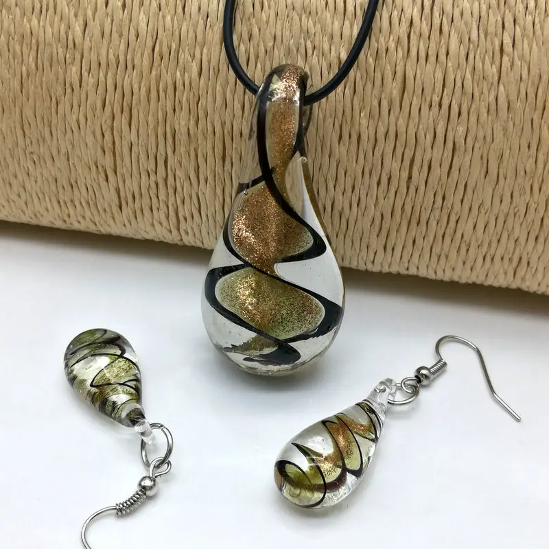 

3 Sets Drop Shaped black Murano Lighting Glass Necklace Pendant Earrings Jewelry Set, Fashion Jewelry Set