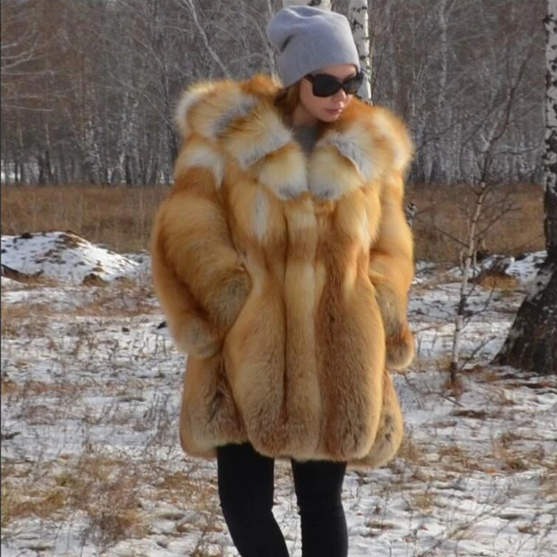 女性のためのレッドフォックスファーコート、冬のアウターウェア