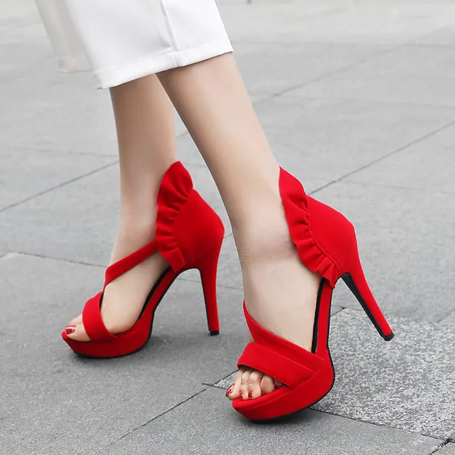 YMECHIC 2018 Fashion Ruffles High Heels Sandals Red Black Flock Platform Lady's Summer Heel Shoes Woman Plus Size Party Shoes