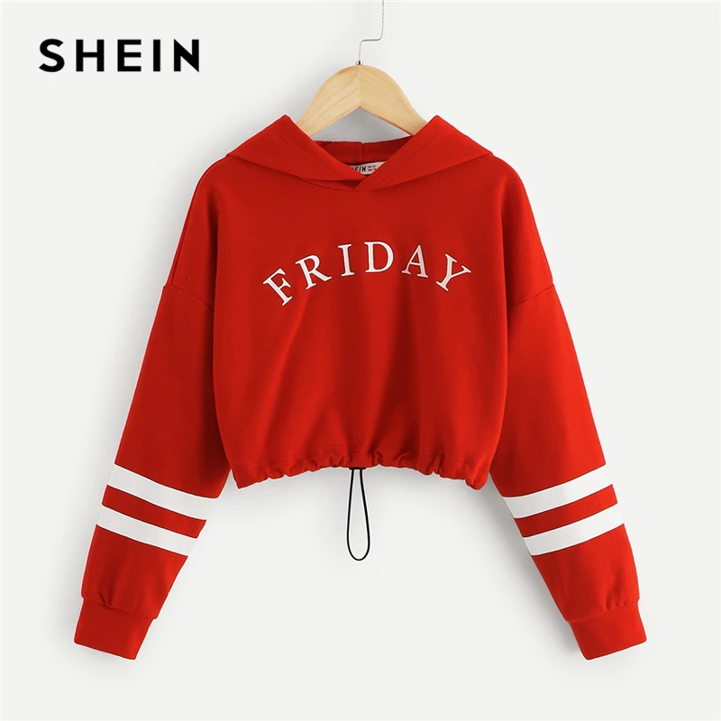  SHEIN Red Girls Letter Front Crop Casual Hoodies Girls Tops 2019 Spring Korean Fashion Long Sleeve 