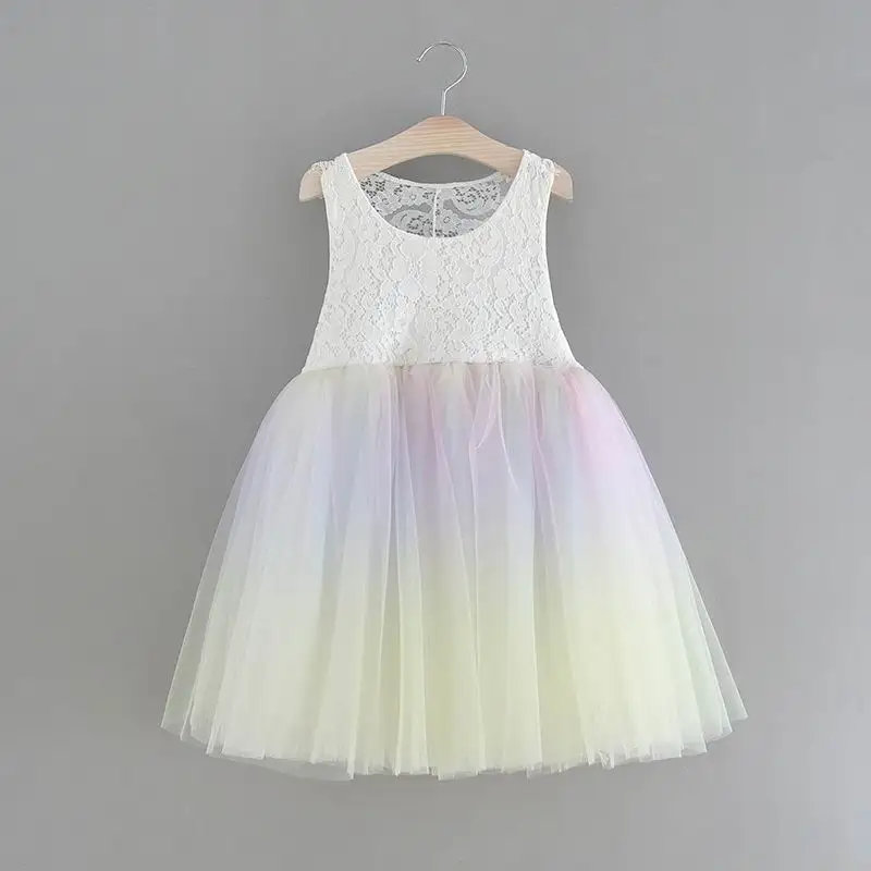 Wholesale Girl Fluffy Dress White Lace Rainbow Gauze Bohemia Beach