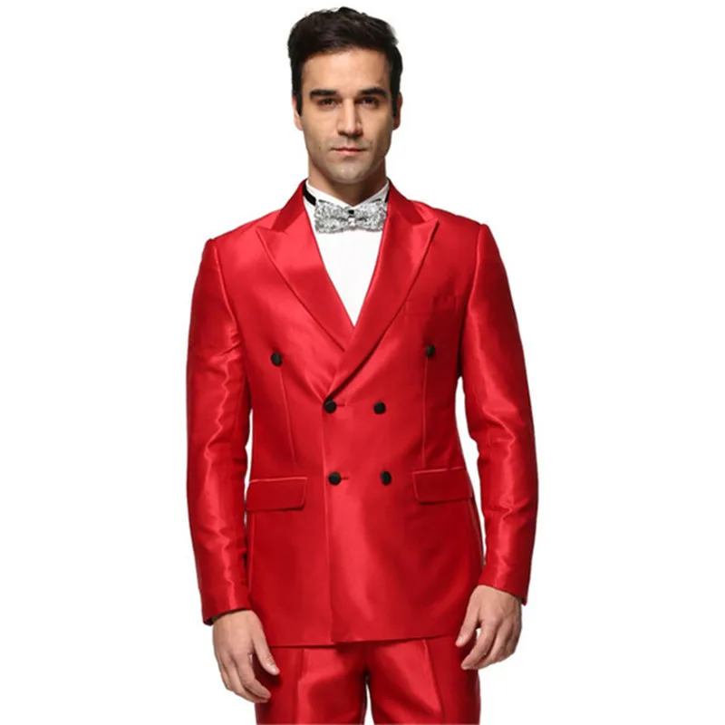2018Top Quality Red satin Mens Suits blazer with pants Double Breasted ...