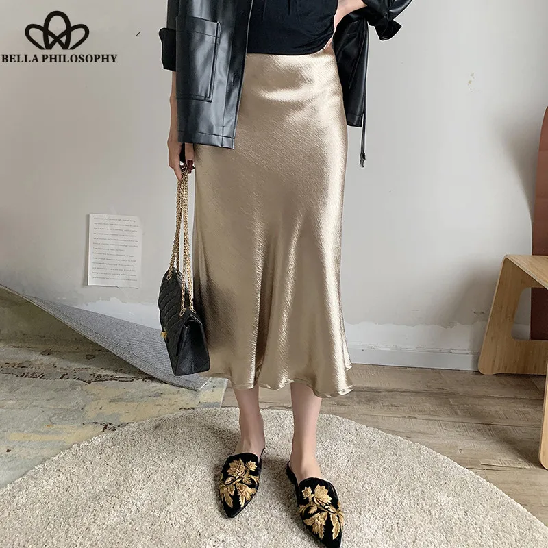 Wonder Summer glossy satin trumpet Skirts high waist skirt Silver gold midi skirt Metallic Color party skirts bottoms 2019 new