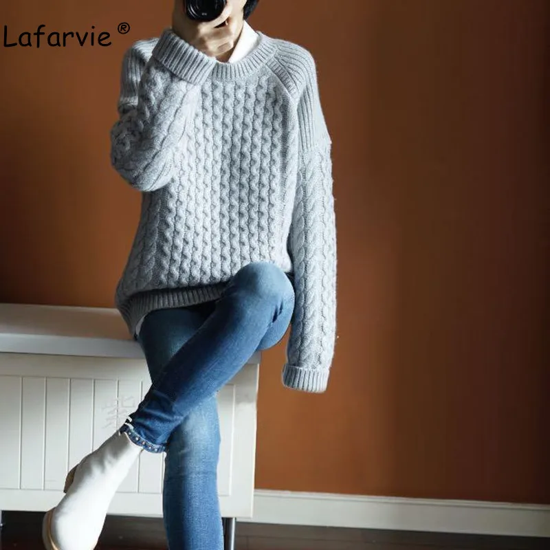 Lafarvie Cashmere Blended Knitted Sweater Women Tops Autumn Winter Thick Warm O-neck Long Sleeve Pullover Female Knitting Jumper