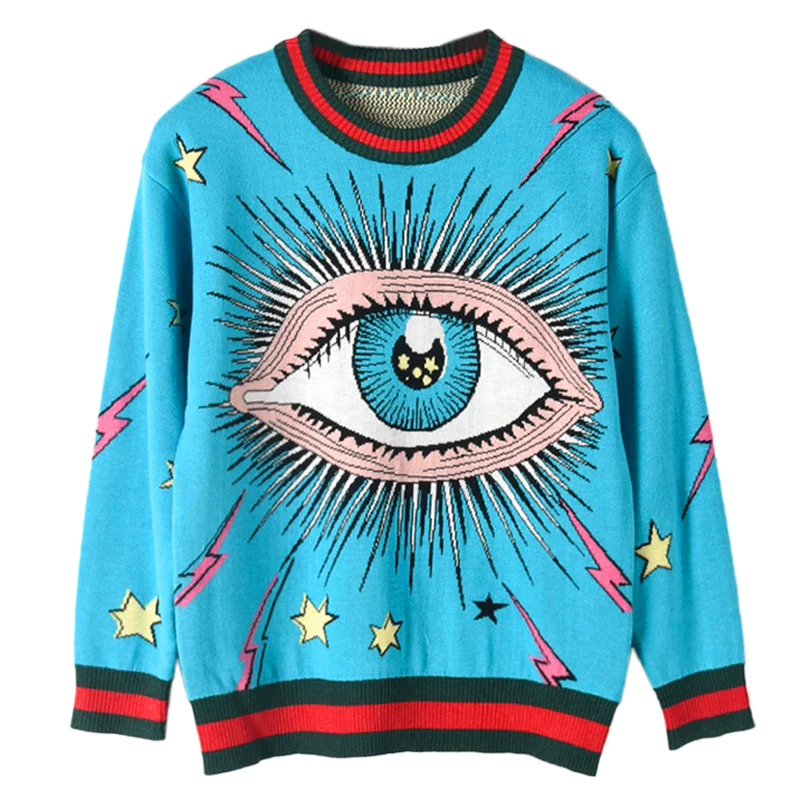 

2019 Winter Chao Big Eye Sweater Women's Long Sleeve Sleeve Lightning Star Jacquard Patterns Mosaic Stripe Knitted Shirt Top