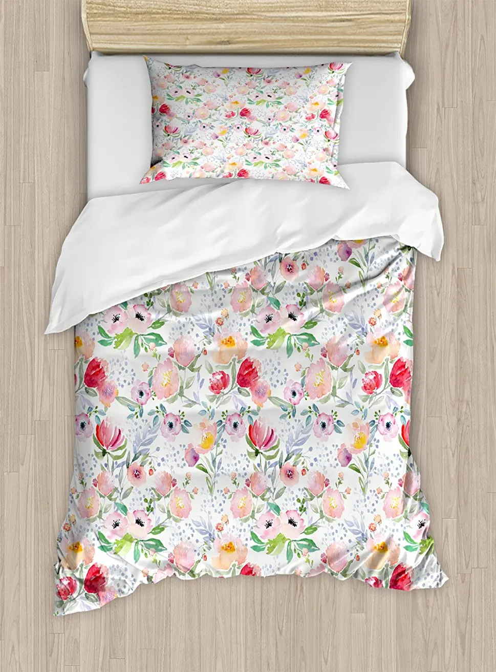 

Flower Duvet Cover Set , Colorful Watercolor Effect Spring Flowers with Leaves English Country Design, 4 Piece Bedding Set