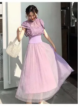 

Lavender purple dress 2020 summer lace short-sleeved waist pleated dress