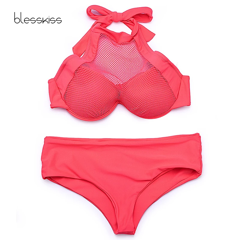 

BLESSKISS Mesh Women Push Up Bikini 2019 Sexy High Neck Swimwear Bikini Brazilian For Ladies Swimsuit Bathing Suit Plus Size