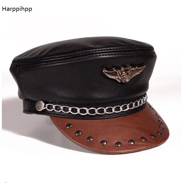 

2017 new arrival fashion Leather hat men and women winter cowhide flat capr harley motorcycle cap black Germany military caps