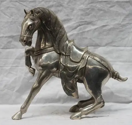 

B0602 512Chinese Folk Feng Shui White Copper Silver Lucky Wealth War Horse Sculpture statue