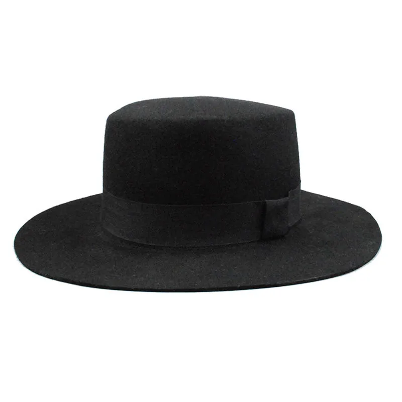 

Fashion Vintage Flat Hat with Ribbon Black Wool Fedora Hat Women Soft Felt Hats Men