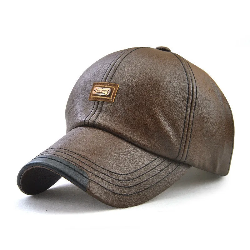 Men Faux Leather PU Baseball Caps Vintage Brown Letter Embroidery Hat