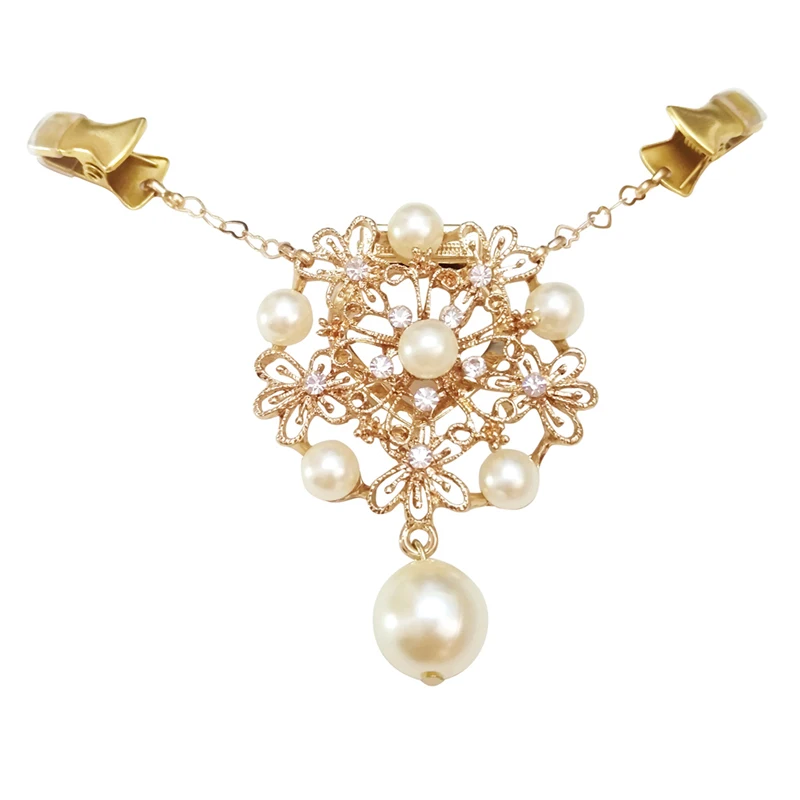 

Elegant Gold Cardigan Clip Heart-shaped Chain Women Shawl Sweater Filigree Pearl Scarf Buckle Button Pins Dress Cinch