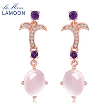 

LAMOON 7X9mm 100% Natural Oval Pink Rose Quartz 925 Sterling Silver Jewelry Drop Earrings S925 fine jewelry for woman LMEI010