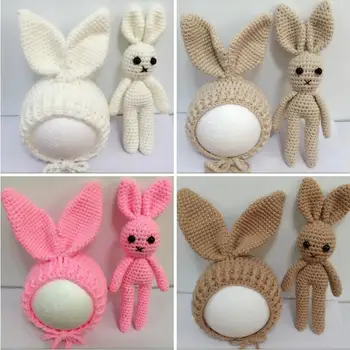 

Newborn Photography Props Accessories Rabbit Hat Cap + Doll Sets Infant Baby Soft Bonnet Handmade Knitted Beanie Rabbit Toy