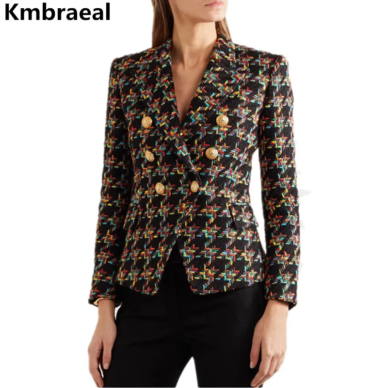 

New Runway Designer Houndstooth Tweed Blazers Women Double-breasted Blazer Jacket Coats Autumn Lady Long Sleeve Casaco Outerwear