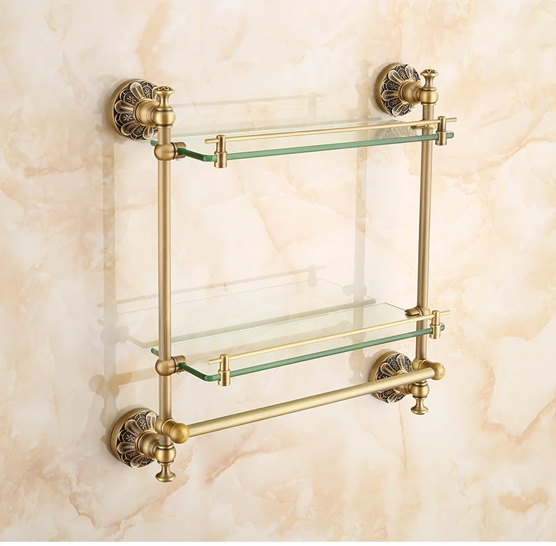 Prateleira de Vidro com Barra Barra de Toalha do Banheiro Fixado na Parede Prateleira de Vidro Duplo de Toalha do Banheiro Lavatório Dois Tiers da Temperado Acabamento Antique Bronze 28 Prateleira de vidro dobro do banheiro com barra de toalha