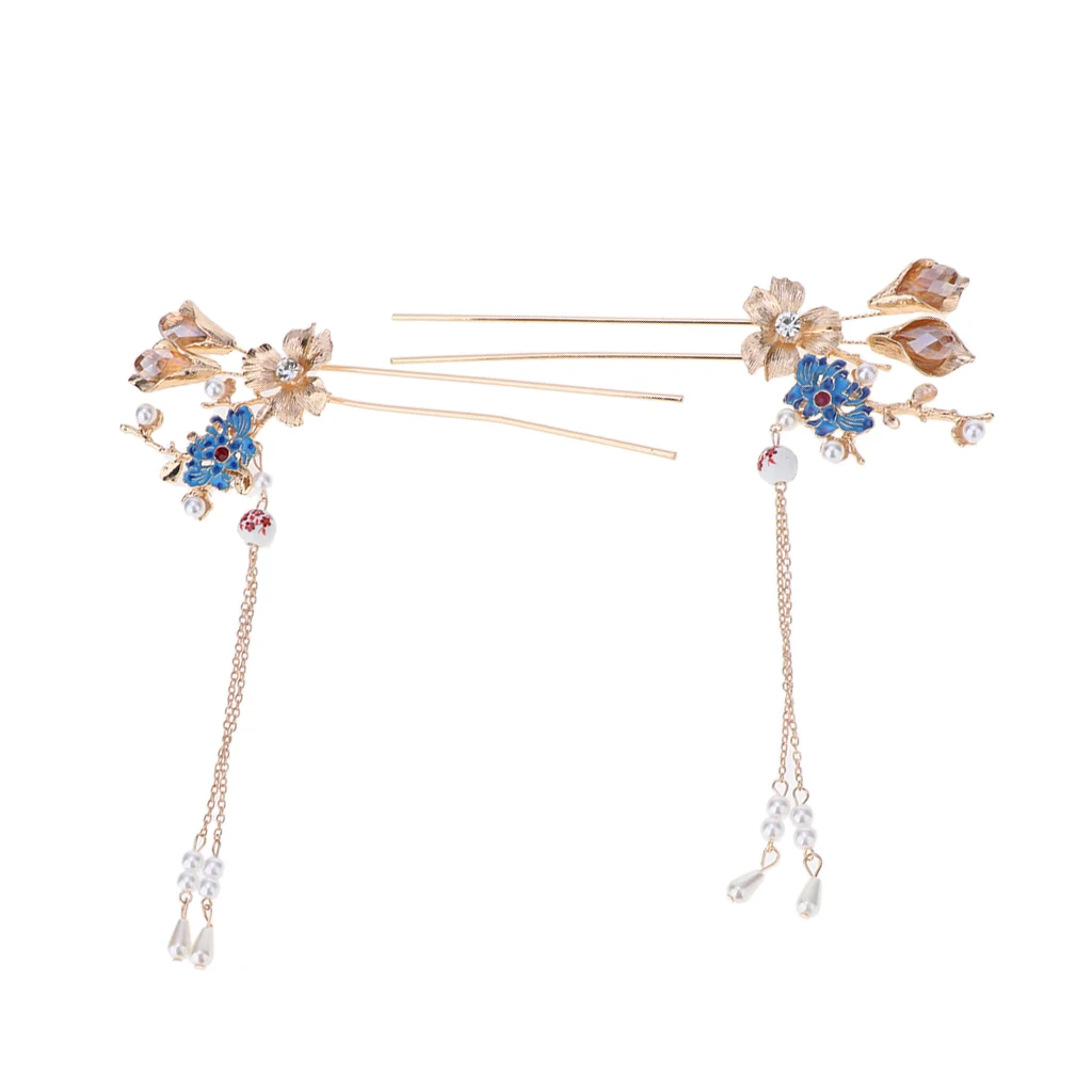 

20pcs Tassel Hair Clips Chinese Style Blue Flower Golden Hair Pins Traditional Classical Bridal Head-wear wedding Accessories