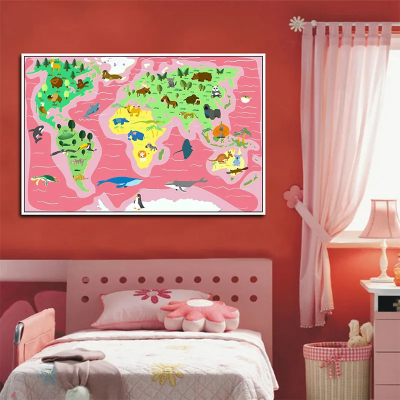 Canvas Art Print Painting Poster, Cartoon Children Kawaii Animals World Map, Wall Pictures For Kids Room Home Decoration