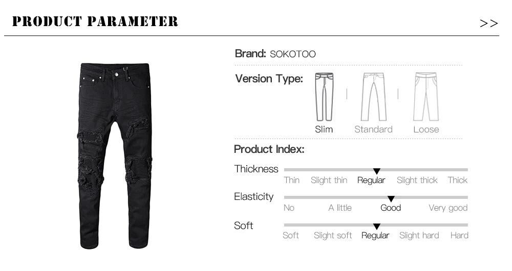 Sokotoo Men's black patchwork stretch denim biker jeans for motorcycle Slim fit skinny ripped pencil pants