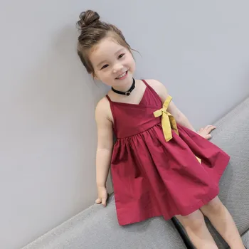 

WEIXINBUY Girls Sling Dresses Solid Bowknot Decoration Red Vest Dress Summer Girl Party Vestidos for 3-7 Years M2