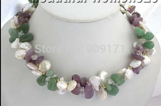

Free Shipping>>2strands 18" white freshwater coin pearl amethyst jade necklace