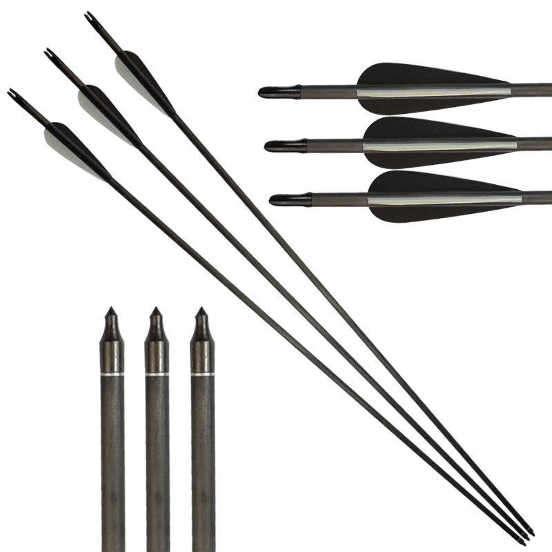 12 pcs 26"/28"/30" Pure Carbon Arrow Changeable Point Nock for Recurve