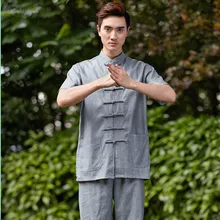 Новое поступление китайский Для мужчин кунг-фу Футболка короткий рукав кунг-фу хлопок льняная рубашка Wu Шу Костюмы Топы M, L, XL, XXL XXXL W21