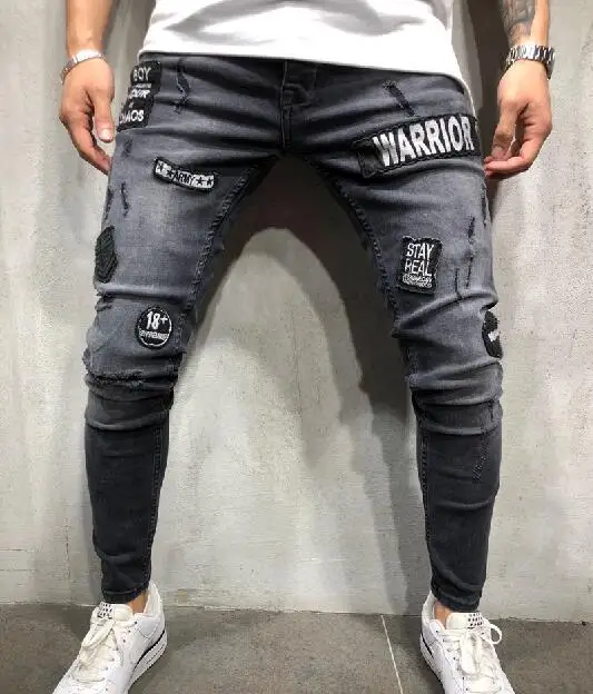 Skinny Hole Ripped Denim Jeans for Men Hip Hop Slim Fit Streetwear Patchwork Badge Distressed Black Pencil Pants - Цвет: Темно-серый